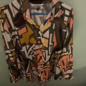 Vibrant Yellow and Orange Long Sleeve Graphic Blouse
